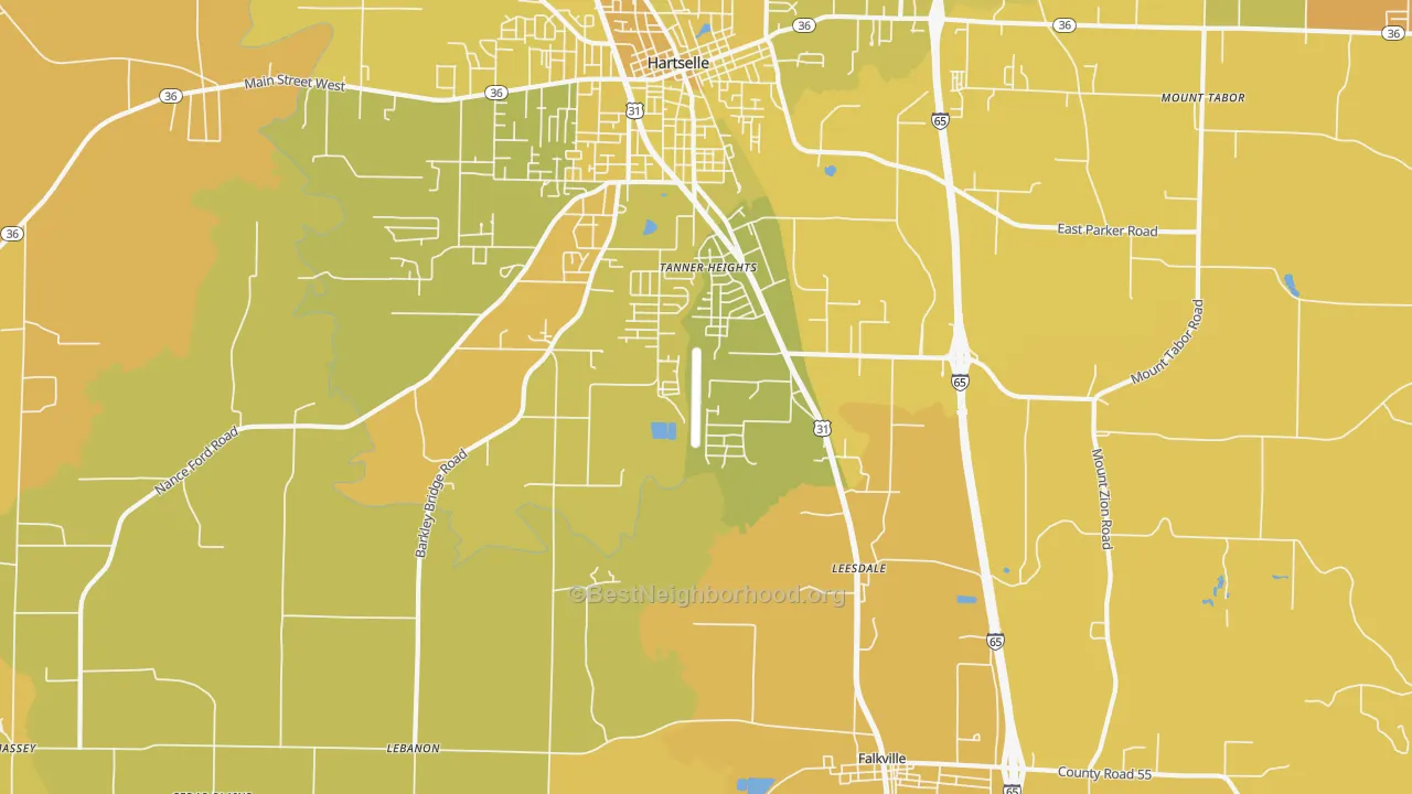 Map of the best neighborhoods in the Tanner Heights area, with better matches in green and worse matches in red