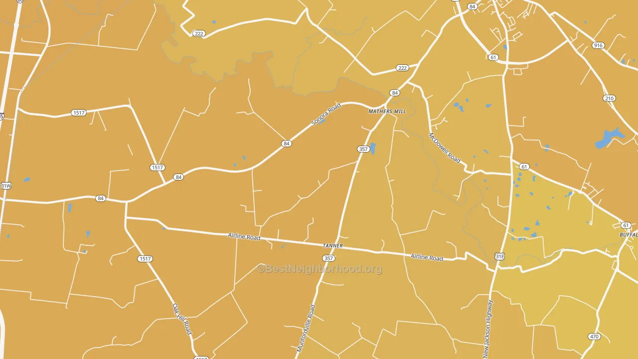 Map of the best neighborhoods in the Tanner area, with better matches in green and worse matches in red