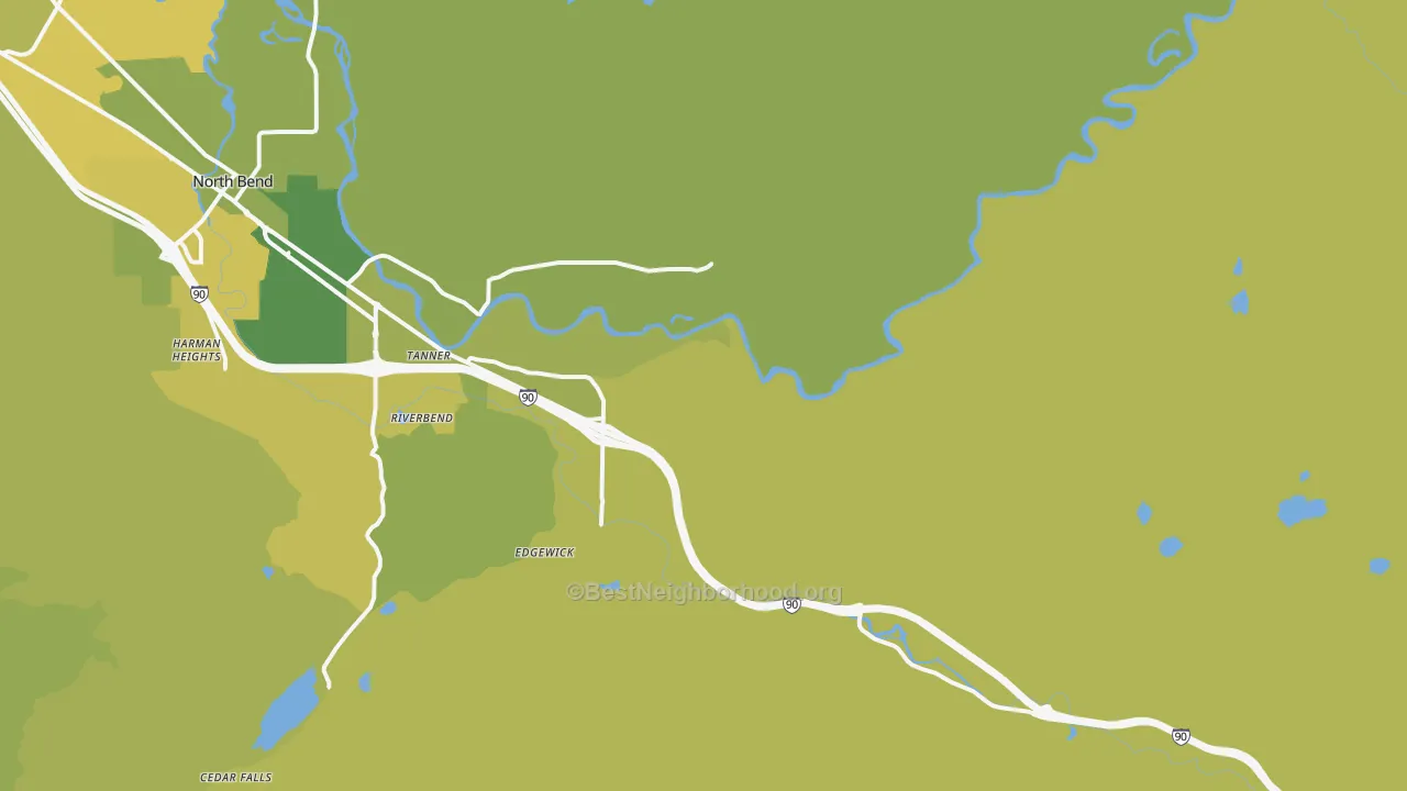 Map of the best neighborhoods in the Tanner area, with better matches in green and worse matches in red