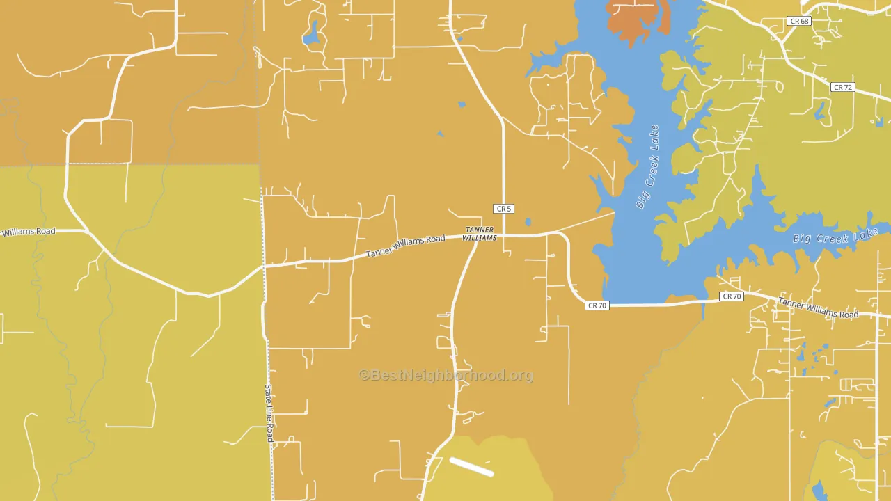 Map of the best neighborhoods in the Tanner Williams area, with better matches in green and worse matches in red