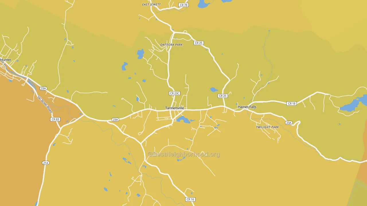 Map of the best neighborhoods in the Tannersville area, with better matches in green and worse matches in red