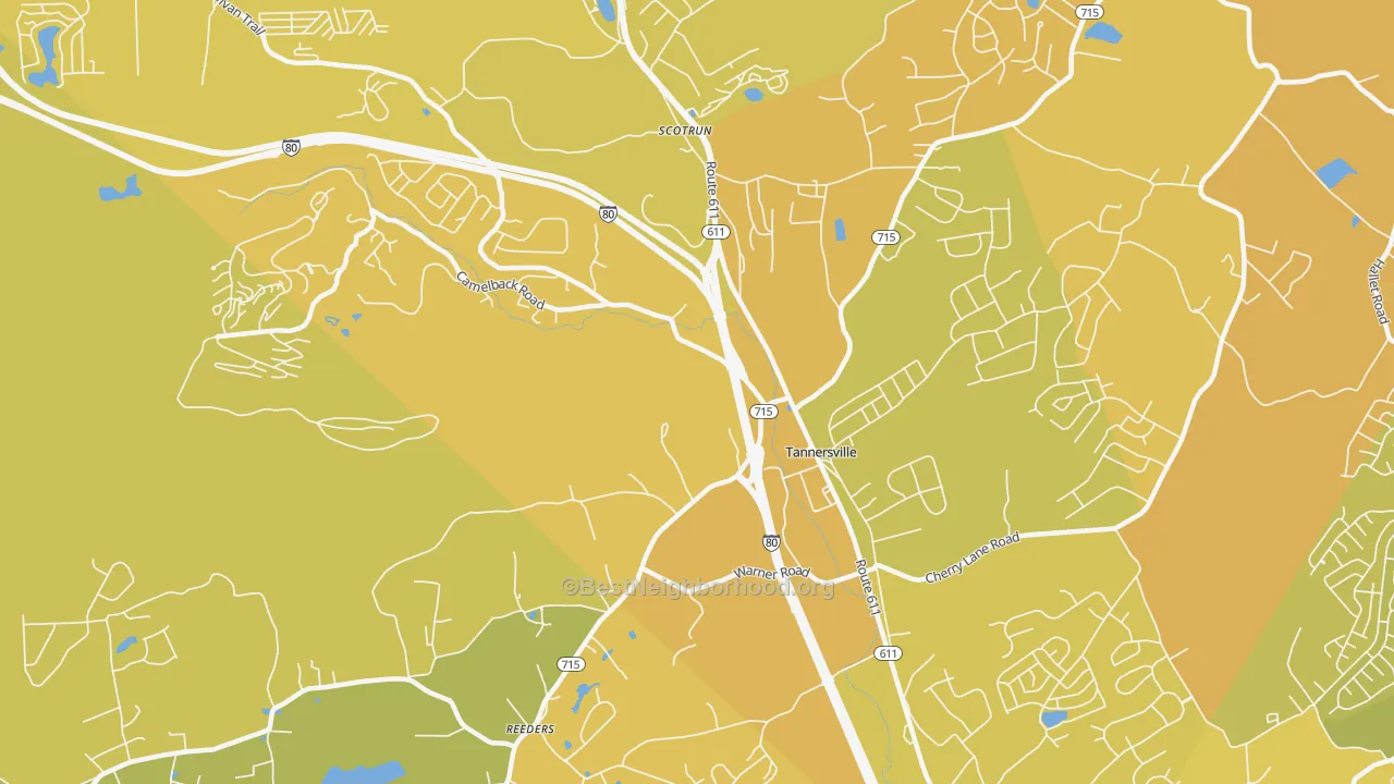 Map of the best neighborhoods in the Tannersville area, with better matches in green and worse matches in red
