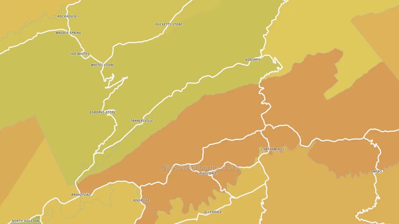Map of the best neighborhoods in the Tannersville area, with better matches in green and worse matches in red