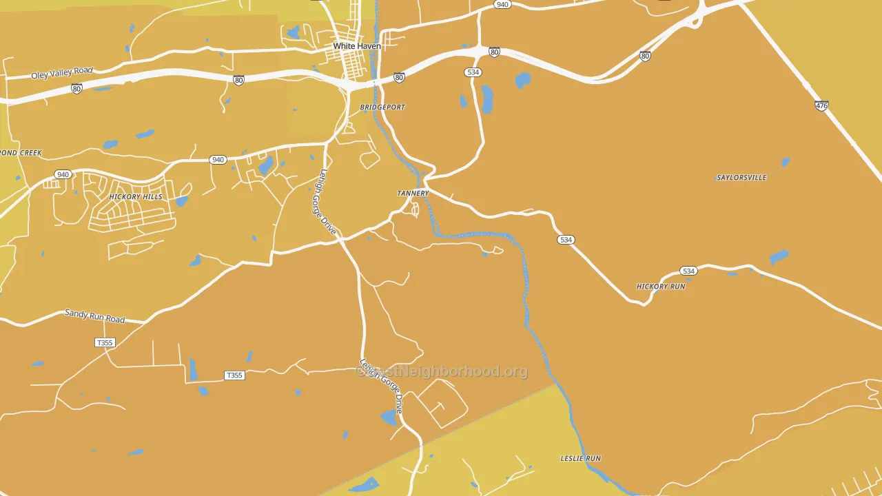 Map of the best neighborhoods in the Tannery area, with better matches in green and worse matches in red