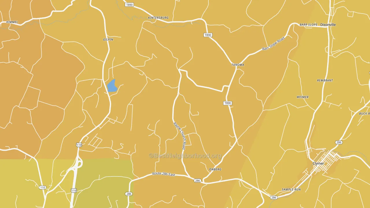 Map of the best neighborhoods in the Tanoma area, with better matches in green and worse matches in red