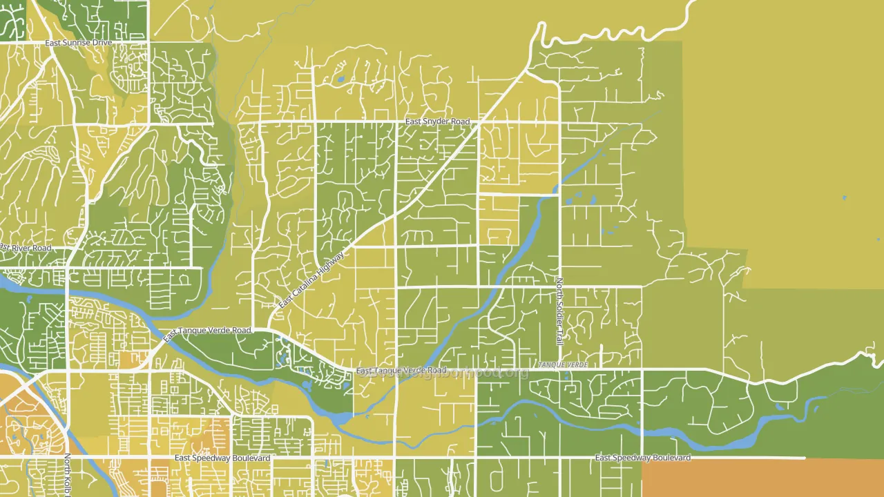 Map of the best neighborhoods in the Tanque Verde area, with better matches in green and worse matches in red