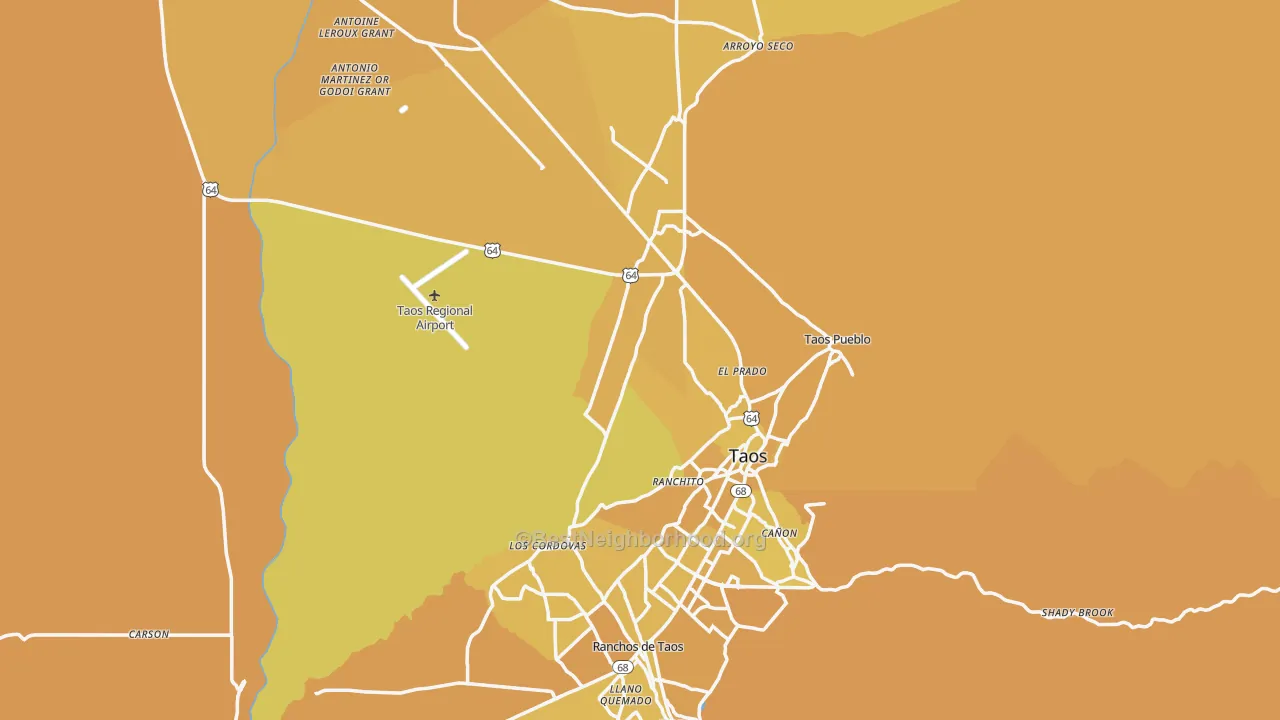 Map of the best neighborhoods in the Taos County area, with better matches in green and worse matches in red