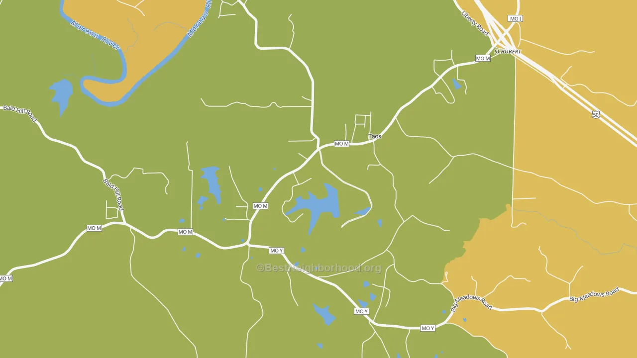 Map of the best neighborhoods in the Taos area, with better matches in green and worse matches in red