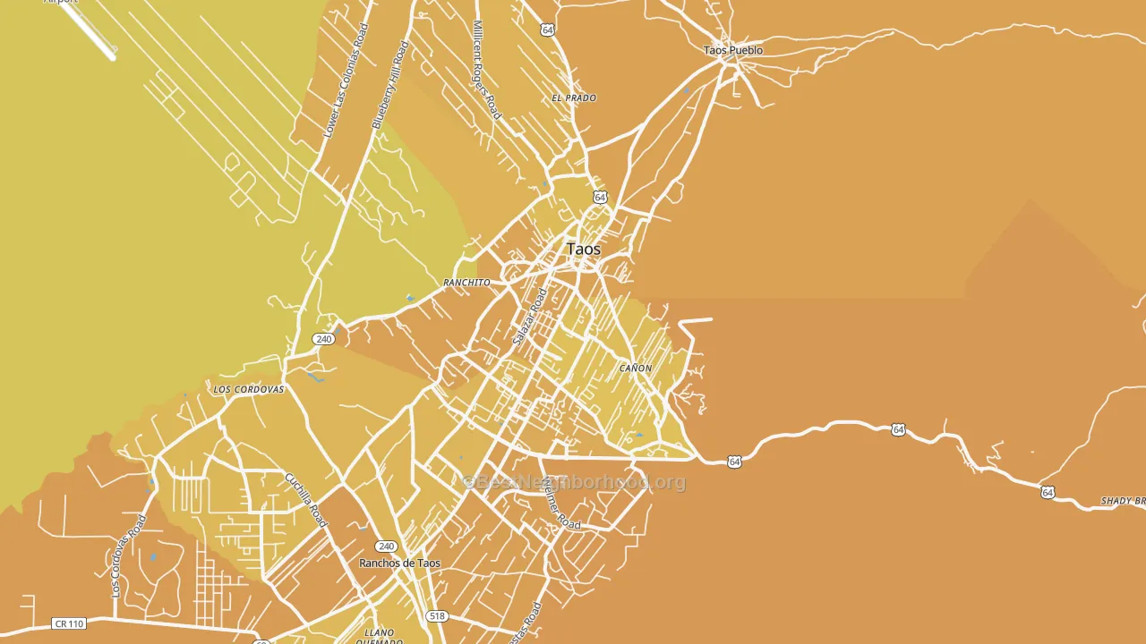 Map of the best neighborhoods in the Taos area, with better matches in green and worse matches in red