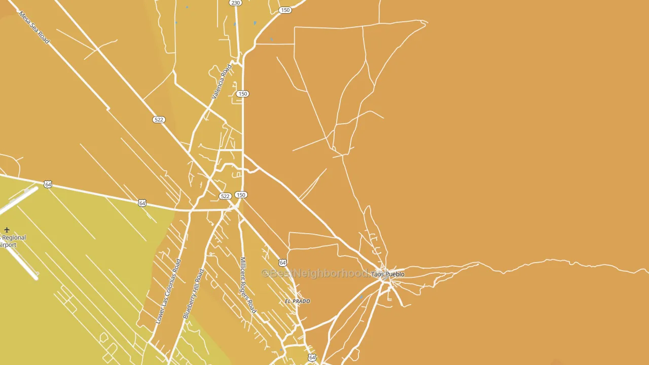 Map of the best neighborhoods in the Taos Pueblo area, with better matches in green and worse matches in red