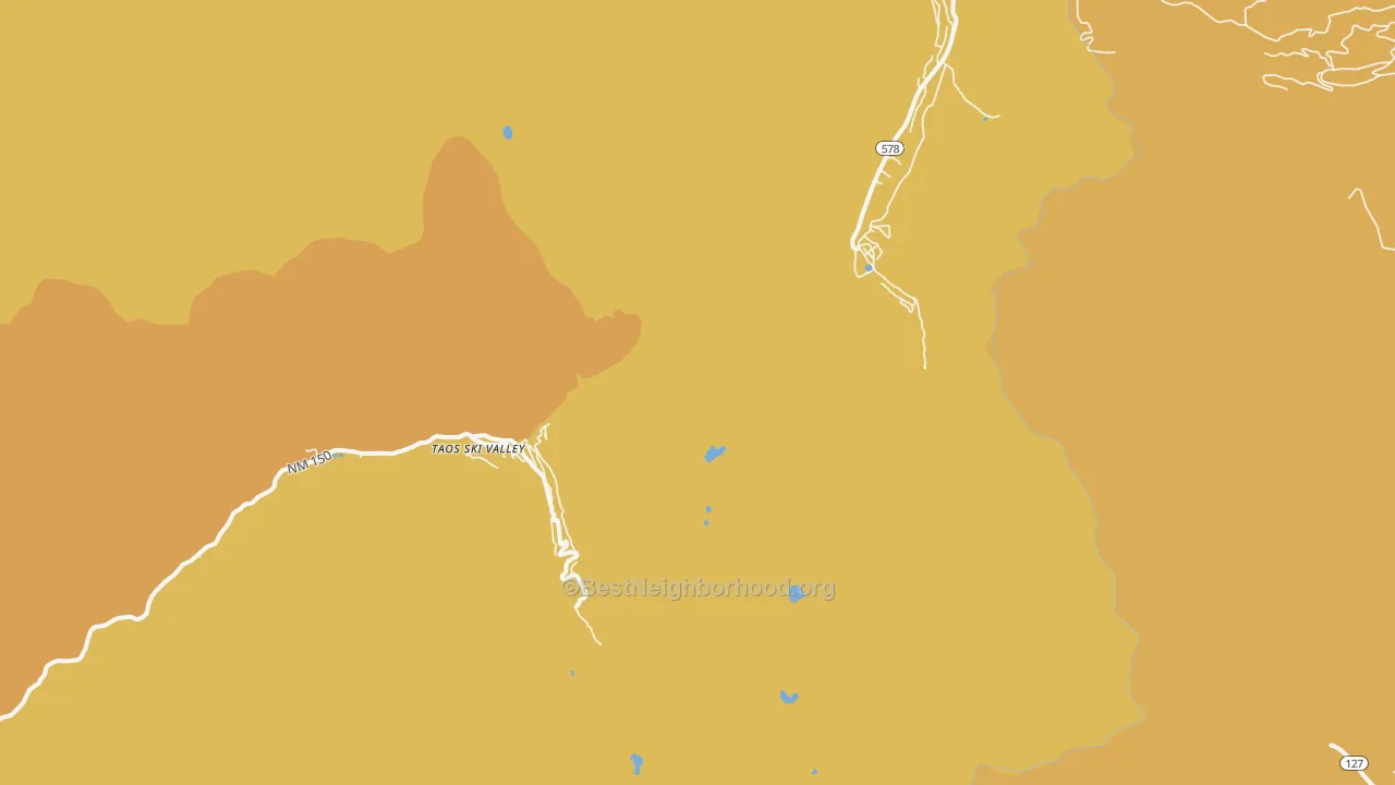 Map of the best neighborhoods in the Taos Ski Valley area, with better matches in green and worse matches in red