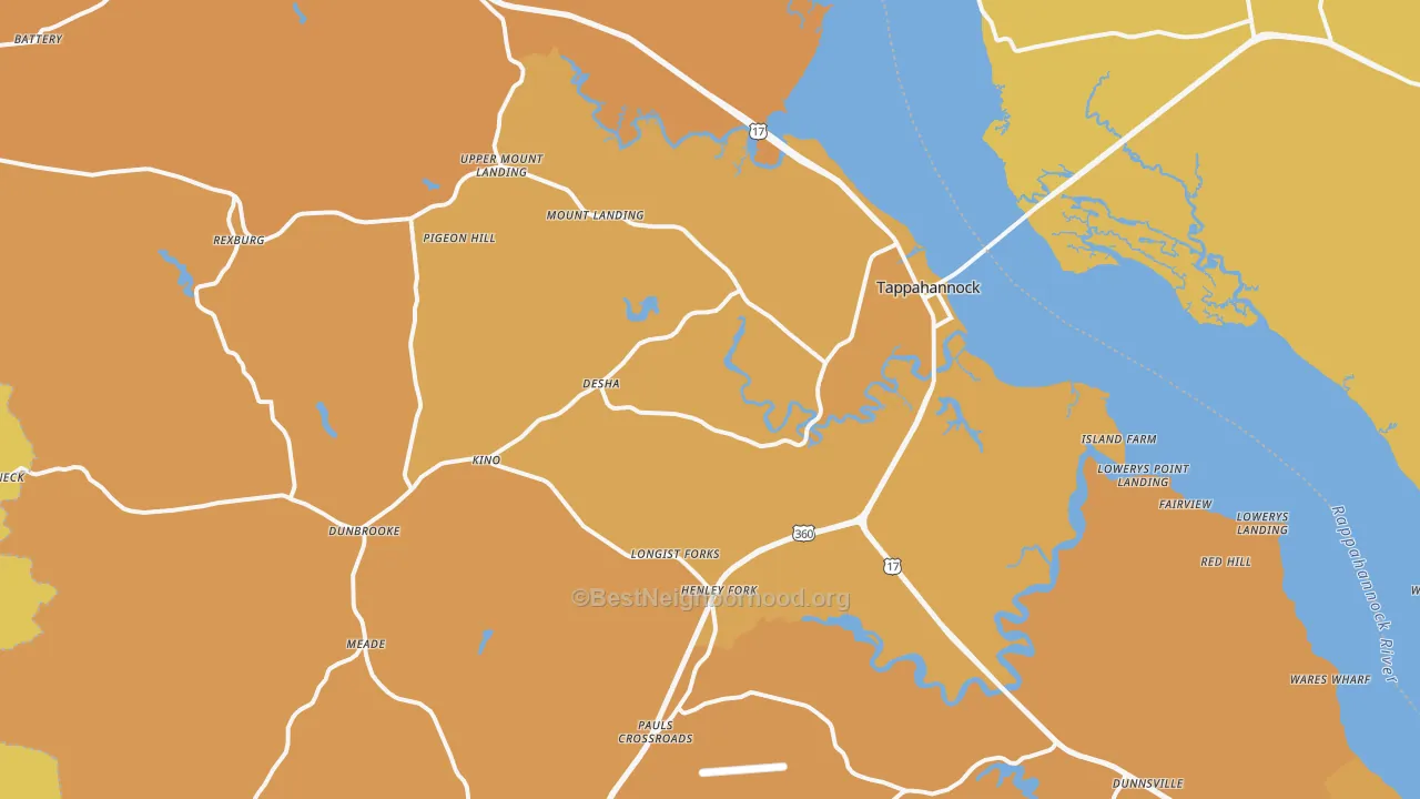 Map of the best neighborhoods in the Tappahannock area, with better matches in green and worse matches in red