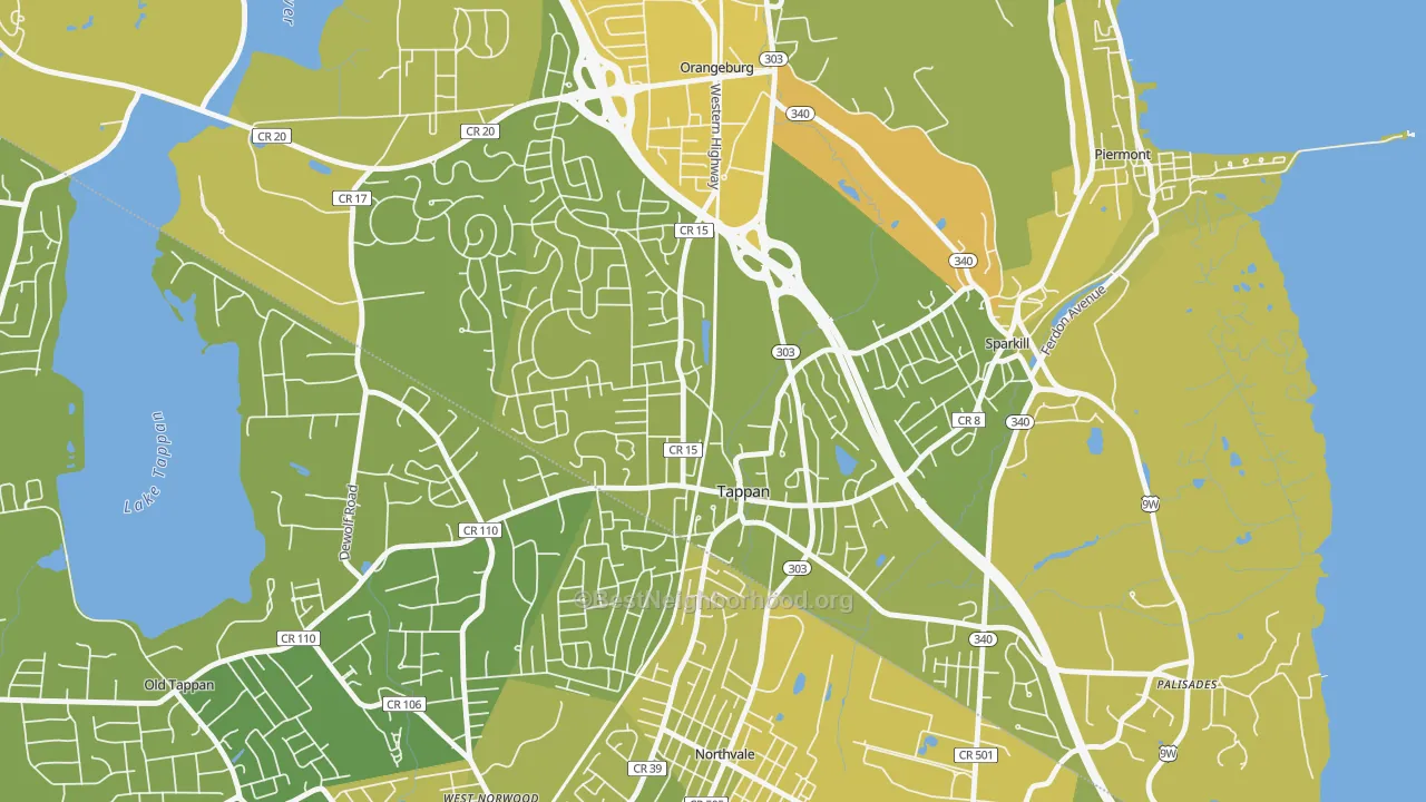 Map of the best neighborhoods in the Tappan area, with better matches in green and worse matches in red