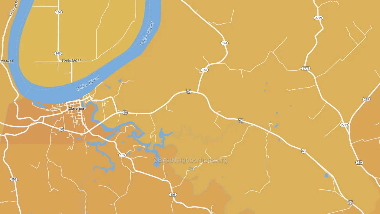 Map of the best neighborhoods in the Tar Fork area, with better matches in green and worse matches in red