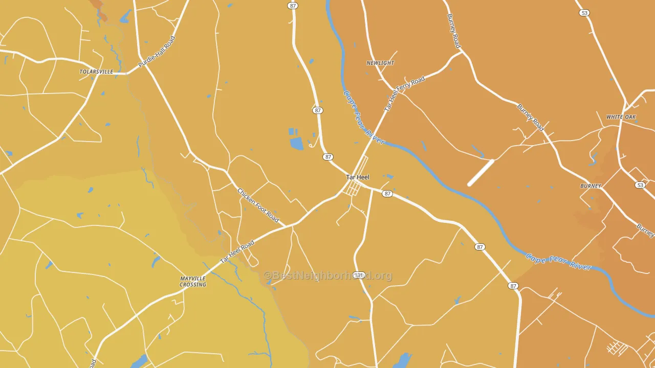 Map of the best neighborhoods in the Tar Heel area, with better matches in green and worse matches in red