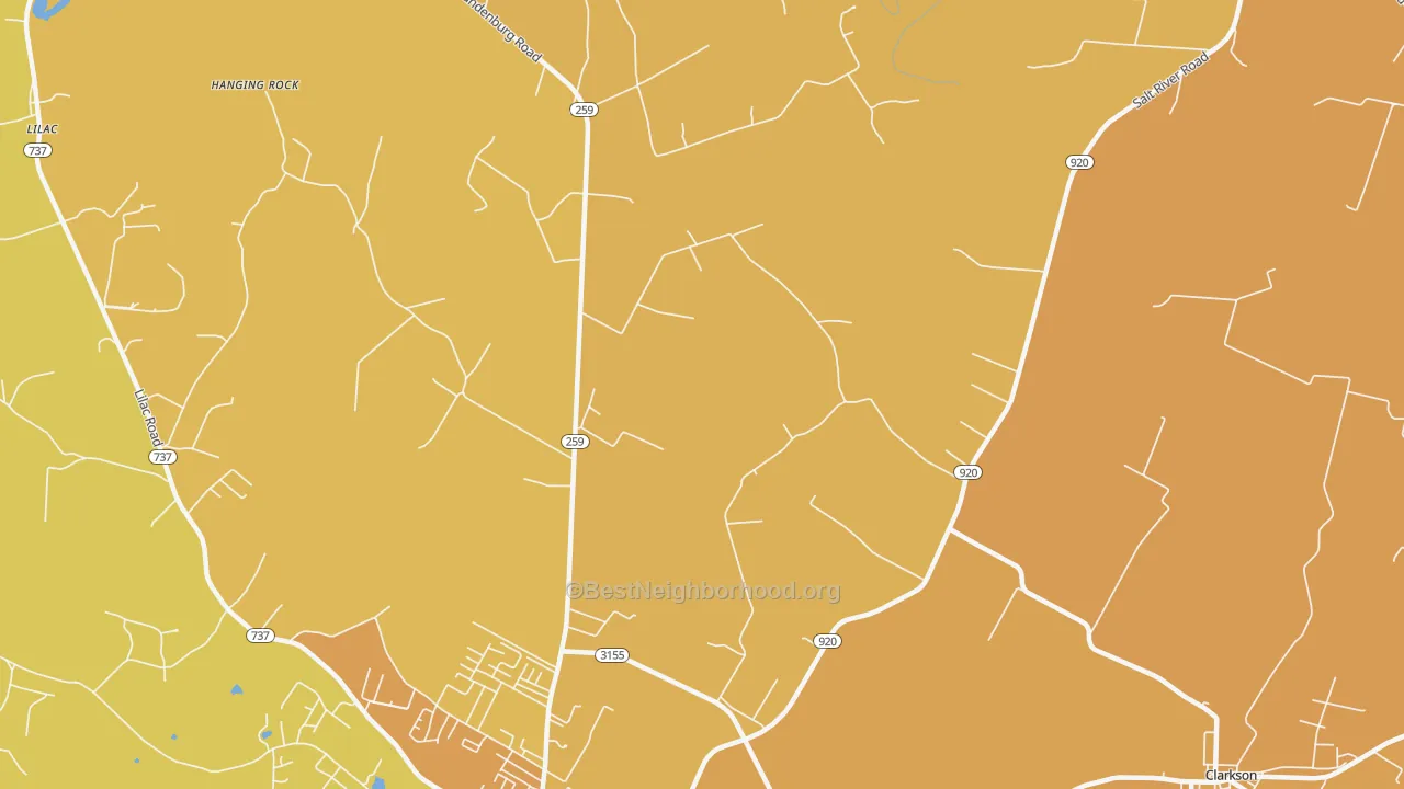 Map of the best neighborhoods in the Tar Hill area, with better matches in green and worse matches in red