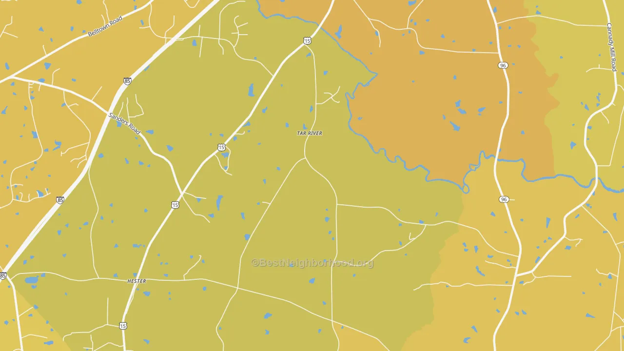 Map of the best neighborhoods in the Tar River area, with better matches in green and worse matches in red