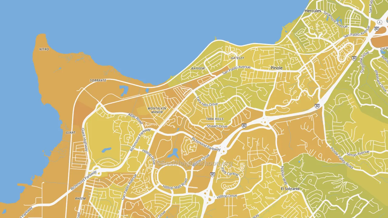 Map of the best neighborhoods in the Tara Hills, San Pablo area, with better matches in green and worse matches in red
