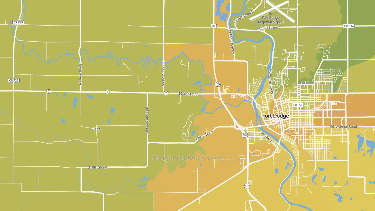 Map of the best neighborhoods in the Tara area, with better matches in green and worse matches in red
