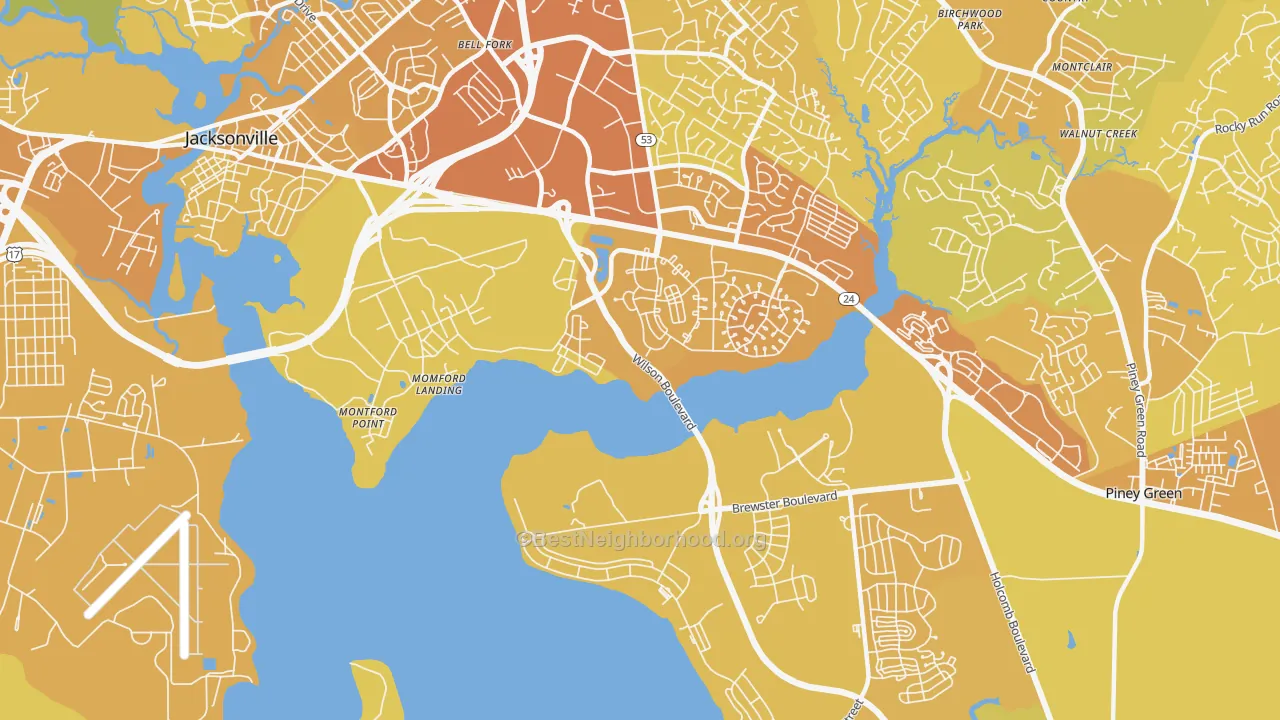 Map of the best neighborhoods in the Tarawa Terrace area, with better matches in green and worse matches in red
