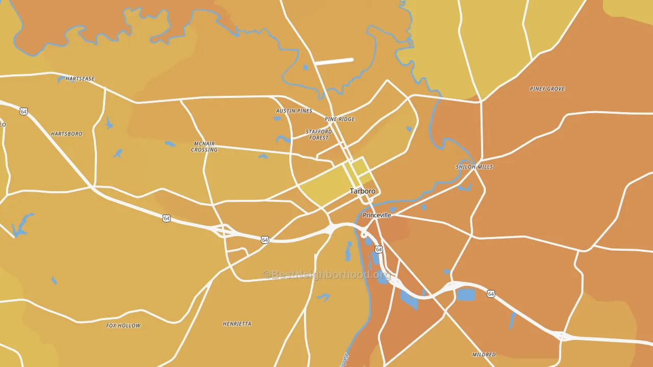 Map of the best neighborhoods in the Tarboro area, with better matches in green and worse matches in red