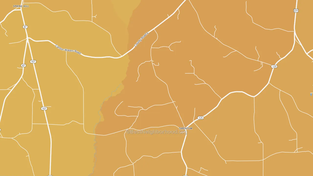 Map of the best neighborhoods in the Tarentum area, with better matches in green and worse matches in red
