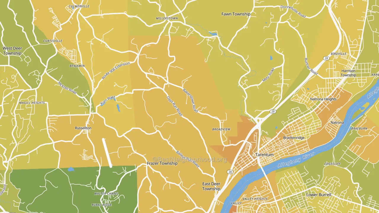 Map of the best neighborhoods in the Tarentum area, with better matches in green and worse matches in red