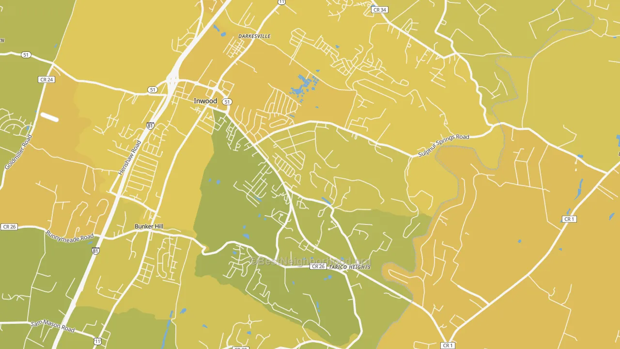 Map of the best neighborhoods in the Tarico Heights, Inwood area, with better matches in green and worse matches in red