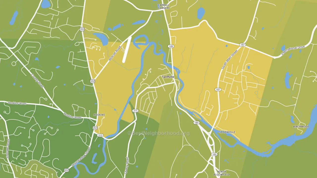 Map of the best neighborhoods in the Tariffville area, with better matches in green and worse matches in red