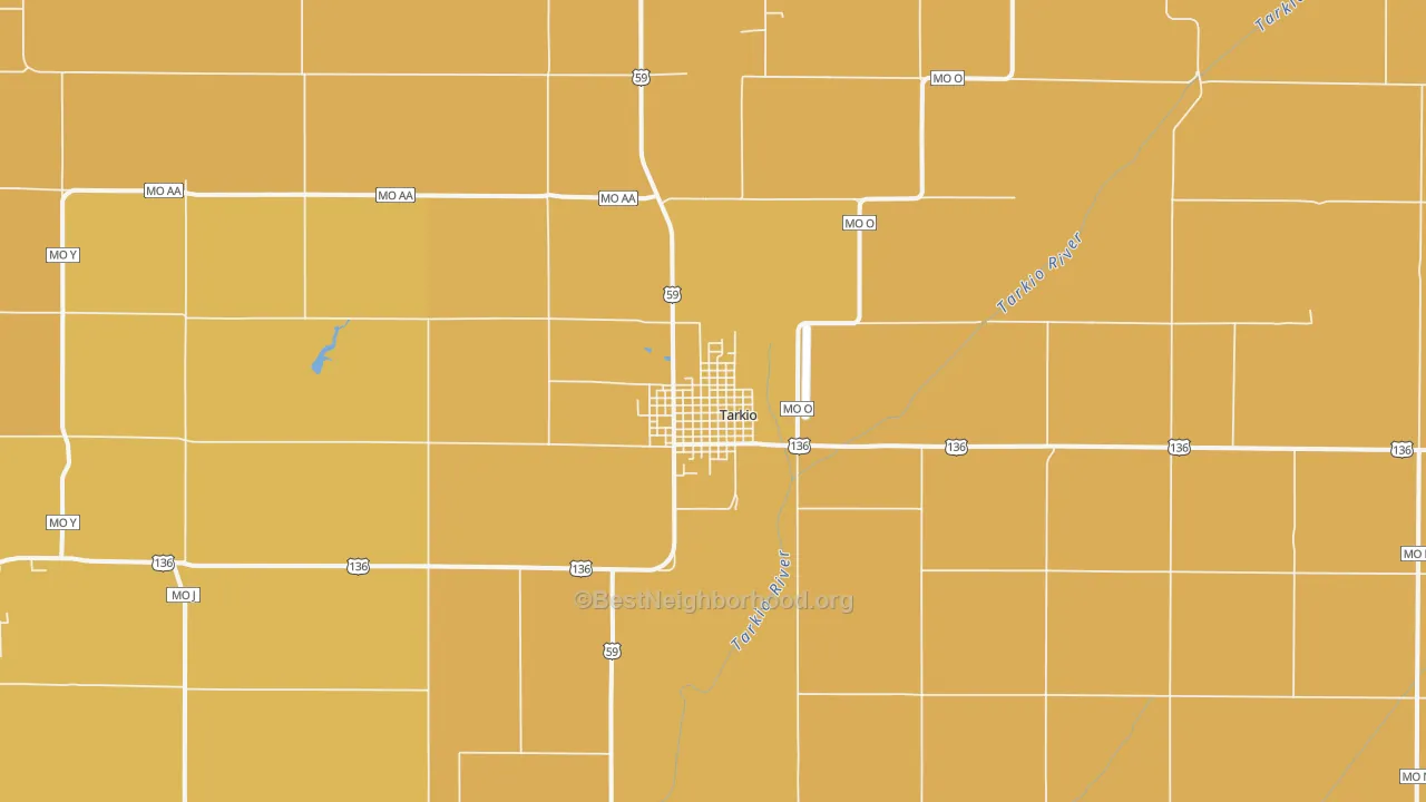 Map of the best neighborhoods in the Tarkio area, with better matches in green and worse matches in red