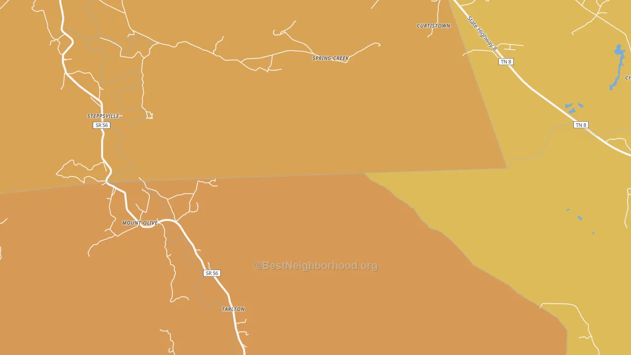 Map of the best neighborhoods in the Tarlton area, with better matches in green and worse matches in red