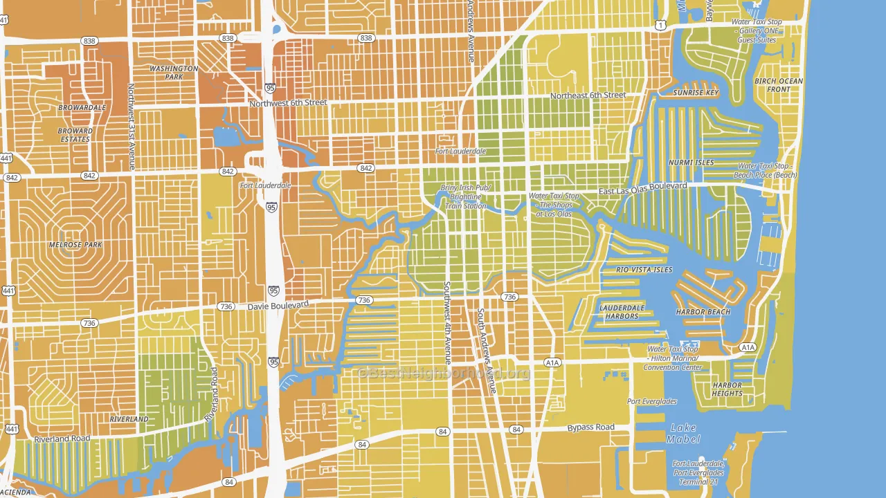 Map of the best neighborhoods in the Tarpon River, Fort Lauderdale area, with better matches in green and worse matches in red