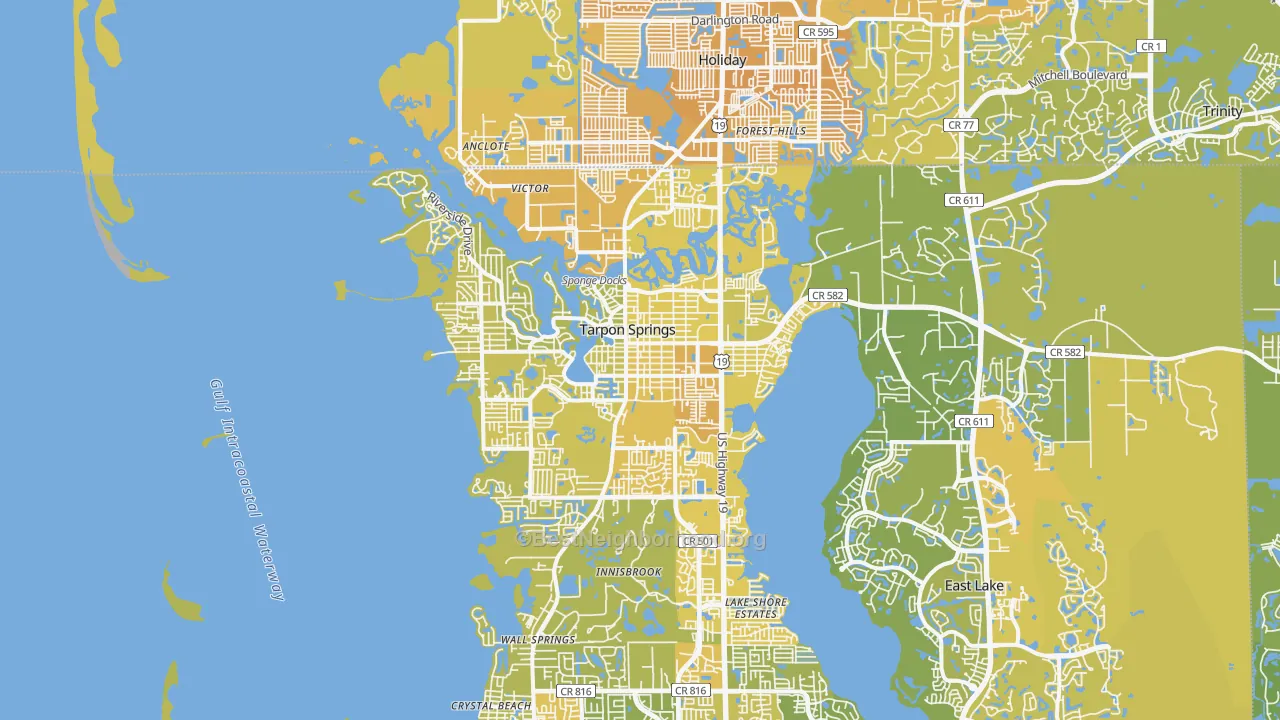 Map of the best neighborhoods in the Tarpon Springs area, with better matches in green and worse matches in red