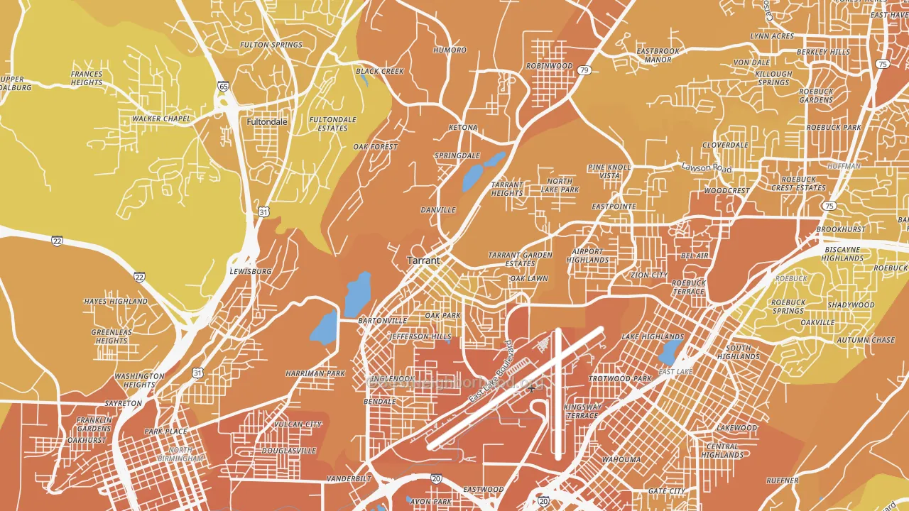 Map of the best neighborhoods in the Tarrant area, with better matches in green and worse matches in red