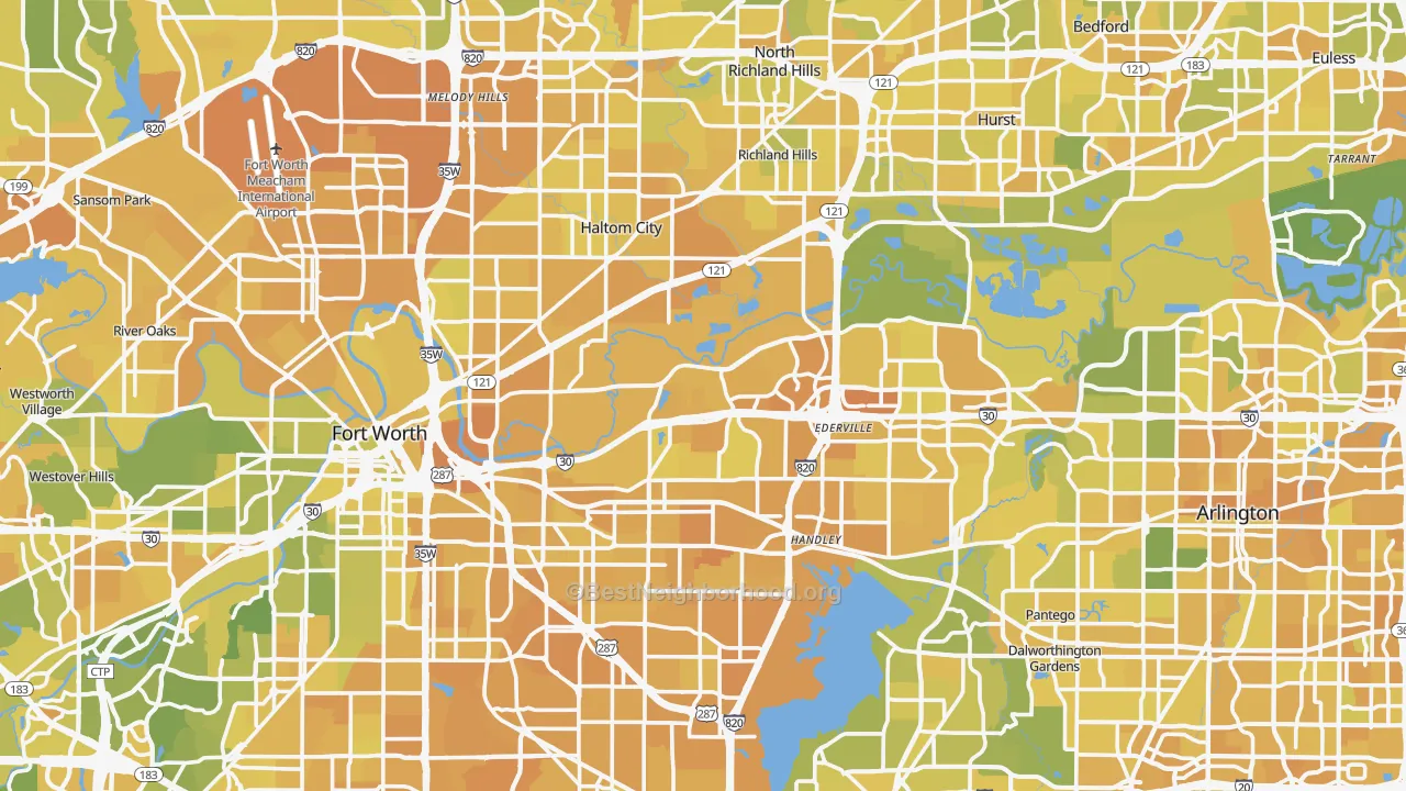 Map of the best neighborhoods in the Tarrant County area, with better matches in green and worse matches in red