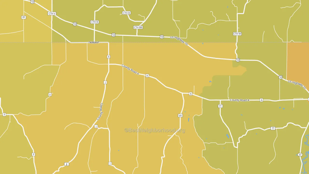 Map of the best neighborhoods in the Tarrant area, with better matches in green and worse matches in red