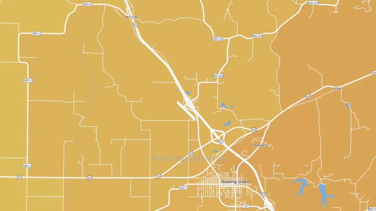 Map of the best neighborhoods in the Tarrants area, with better matches in green and worse matches in red