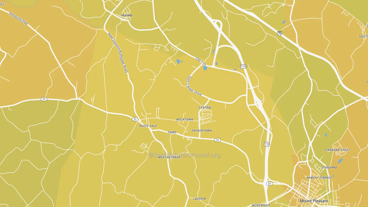 Map of the best neighborhoods in the Tarrs area, with better matches in green and worse matches in red