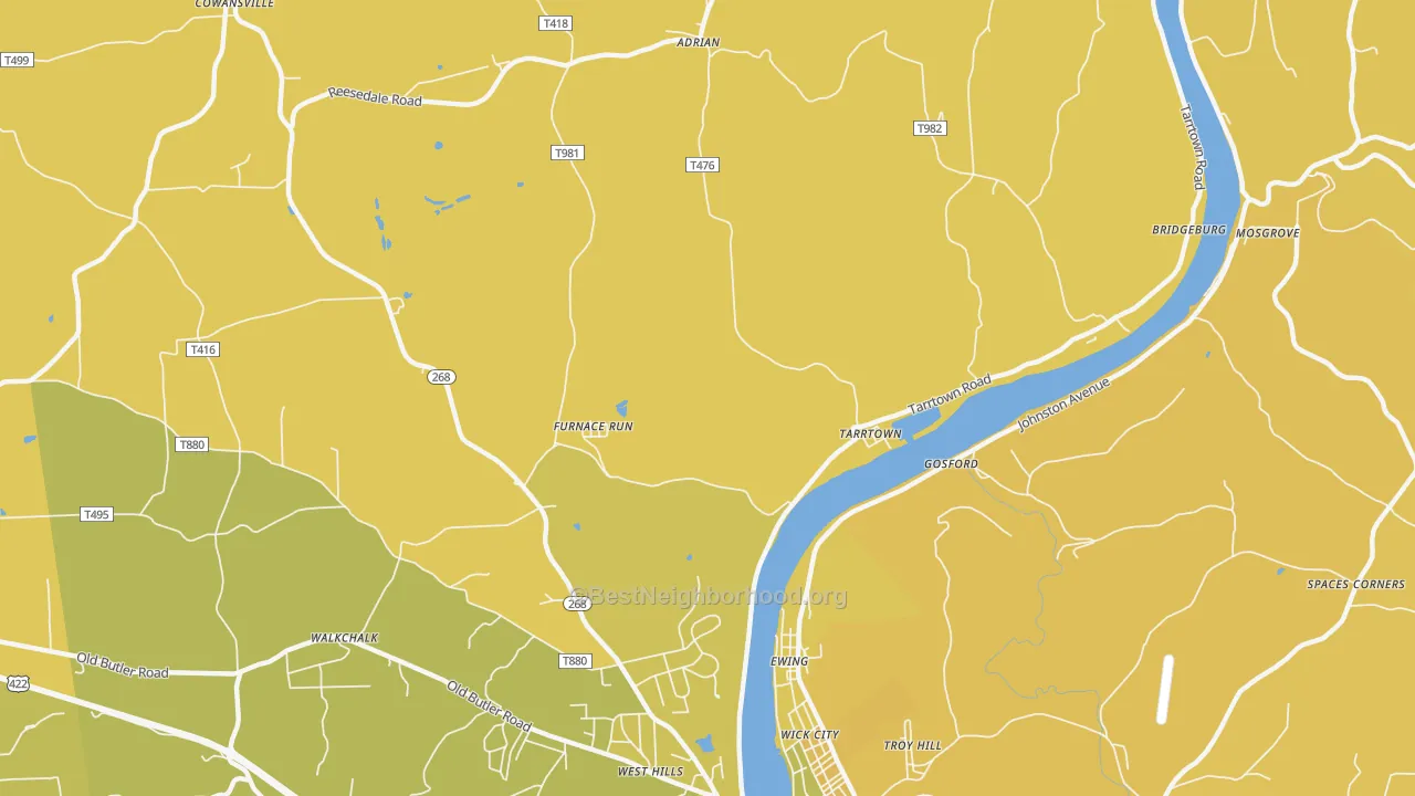 Map of the best neighborhoods in the Tarrtown area, with better matches in green and worse matches in red