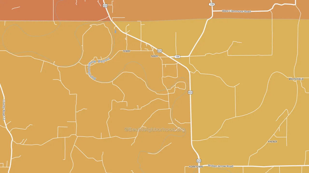Map of the best neighborhoods in the Tarry area, with better matches in green and worse matches in red