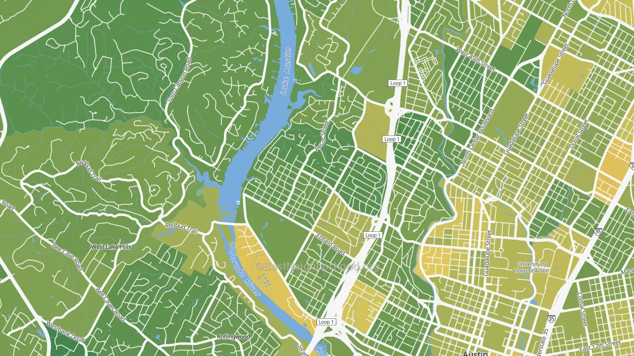 Map of the best neighborhoods in the Tarrytown, Austin area, with better matches in green and worse matches in red