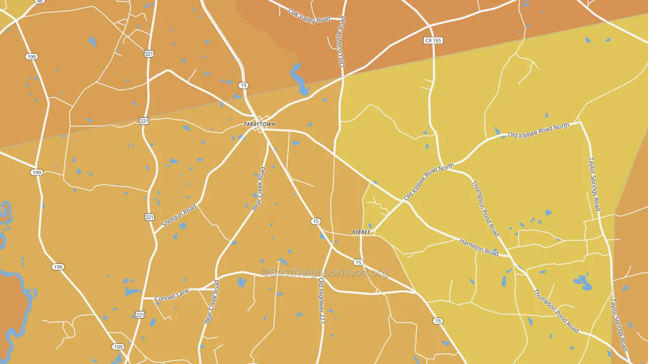 Map of the best neighborhoods in the Tarrytown area, with better matches in green and worse matches in red