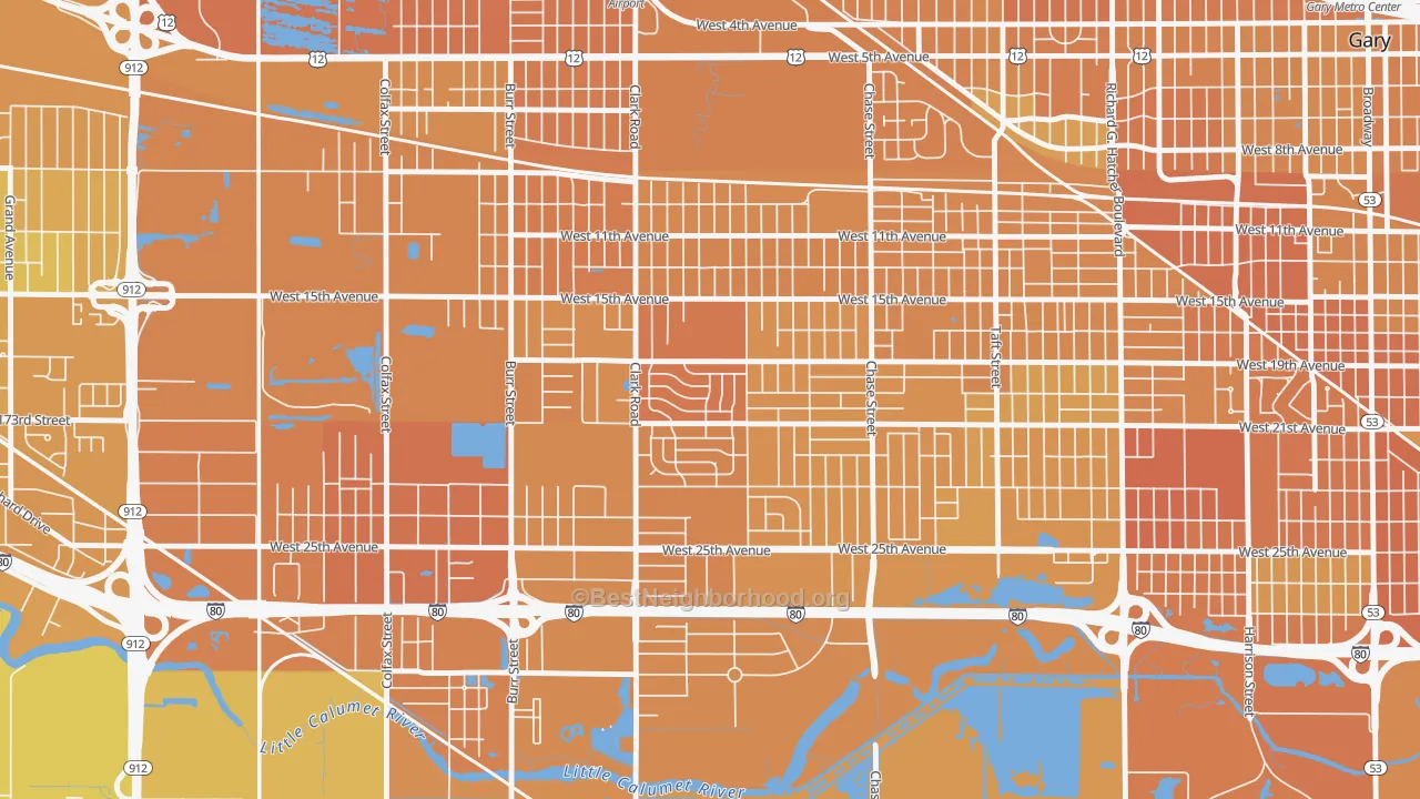 Map of the best neighborhoods in the Tarrytown, Gary area, with better matches in green and worse matches in red