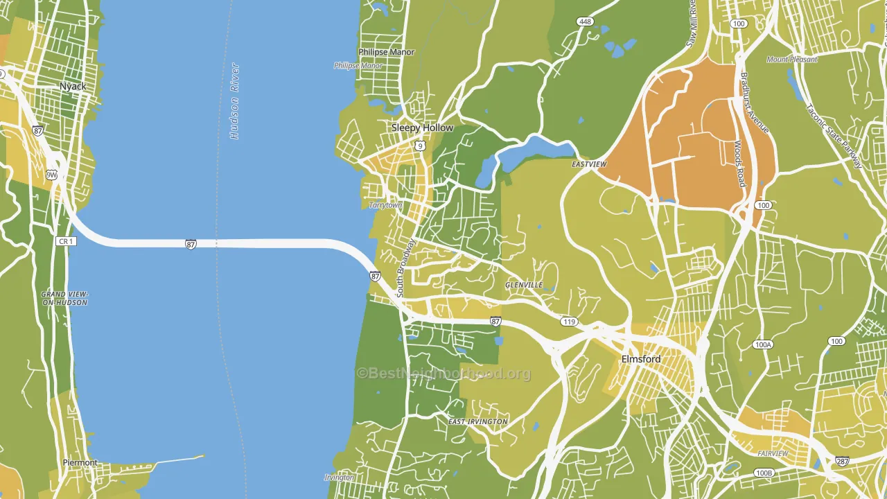 Map of the best neighborhoods in the Tarrytown area, with better matches in green and worse matches in red