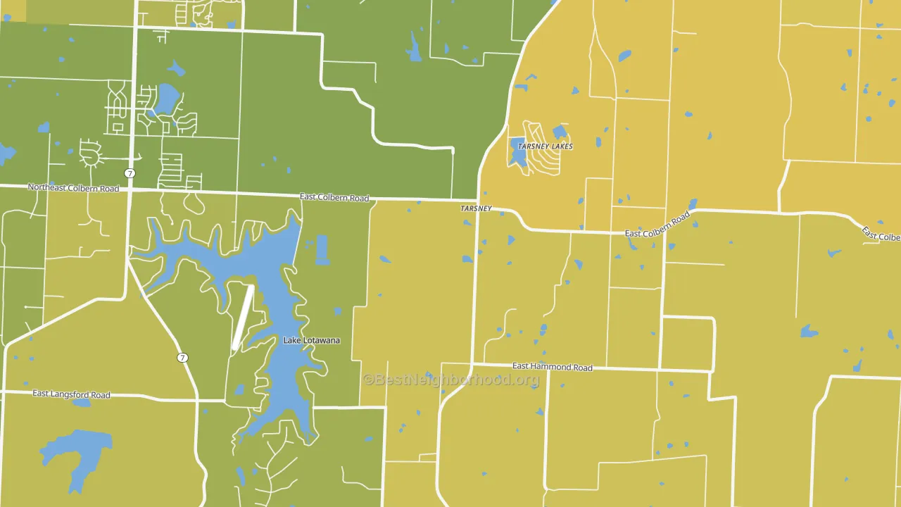 Map of the best neighborhoods in the Tarsney Lakes area, with better matches in green and worse matches in red