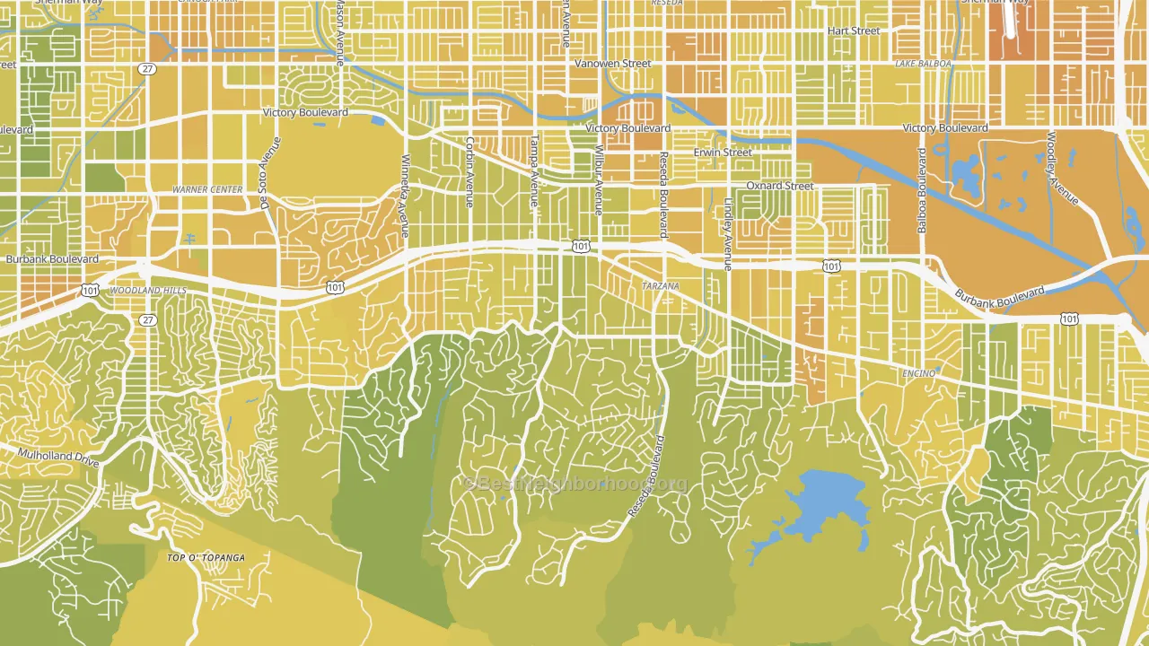 Map of the best neighborhoods in the Tarzana area, with better matches in green and worse matches in red