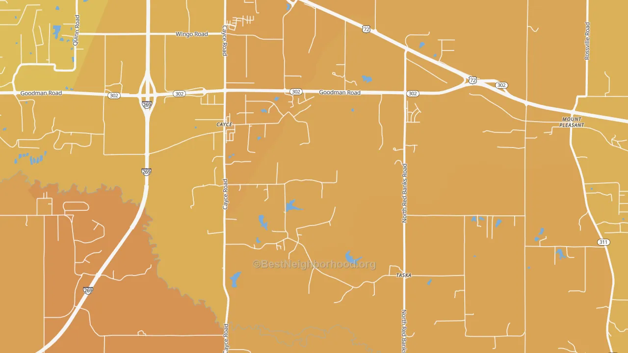 Map of the best neighborhoods in the Taska area, with better matches in green and worse matches in red