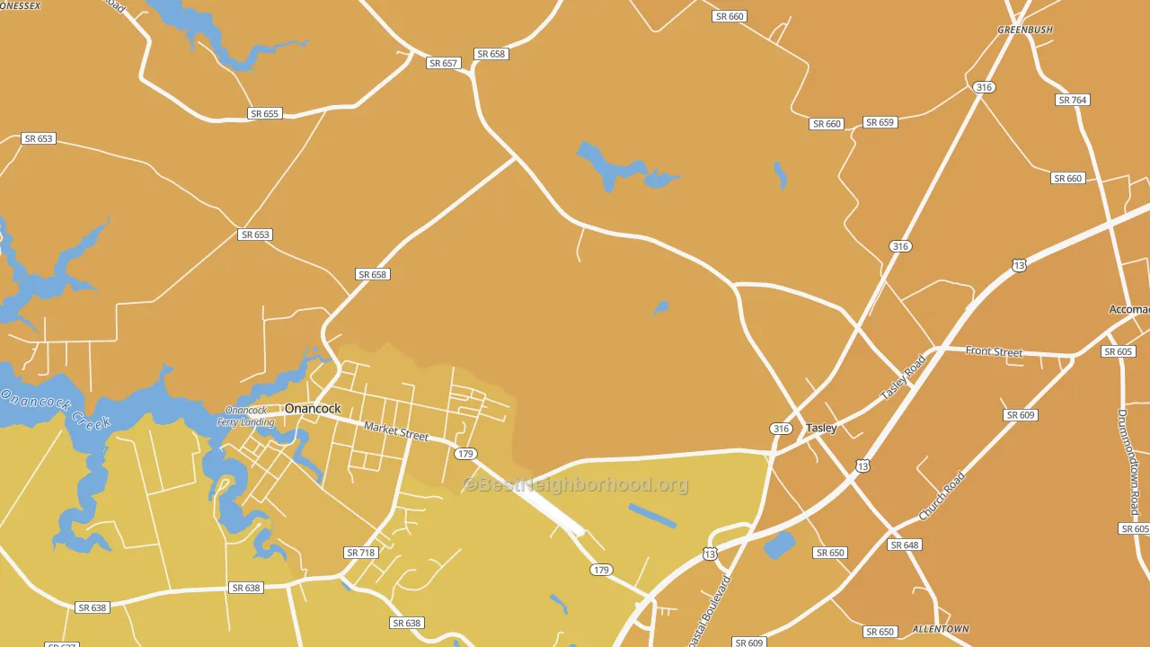 Map of the best neighborhoods in the Tasley area, with better matches in green and worse matches in red