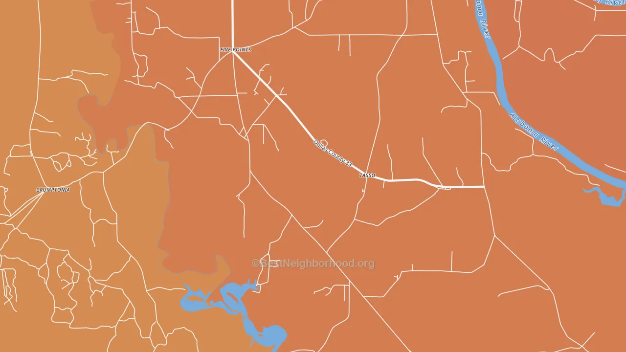 Map of the best neighborhoods in the Tasso area, with better matches in green and worse matches in red