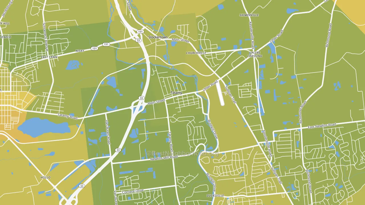 Map of the best neighborhoods in the Tatamy area, with better matches in green and worse matches in red